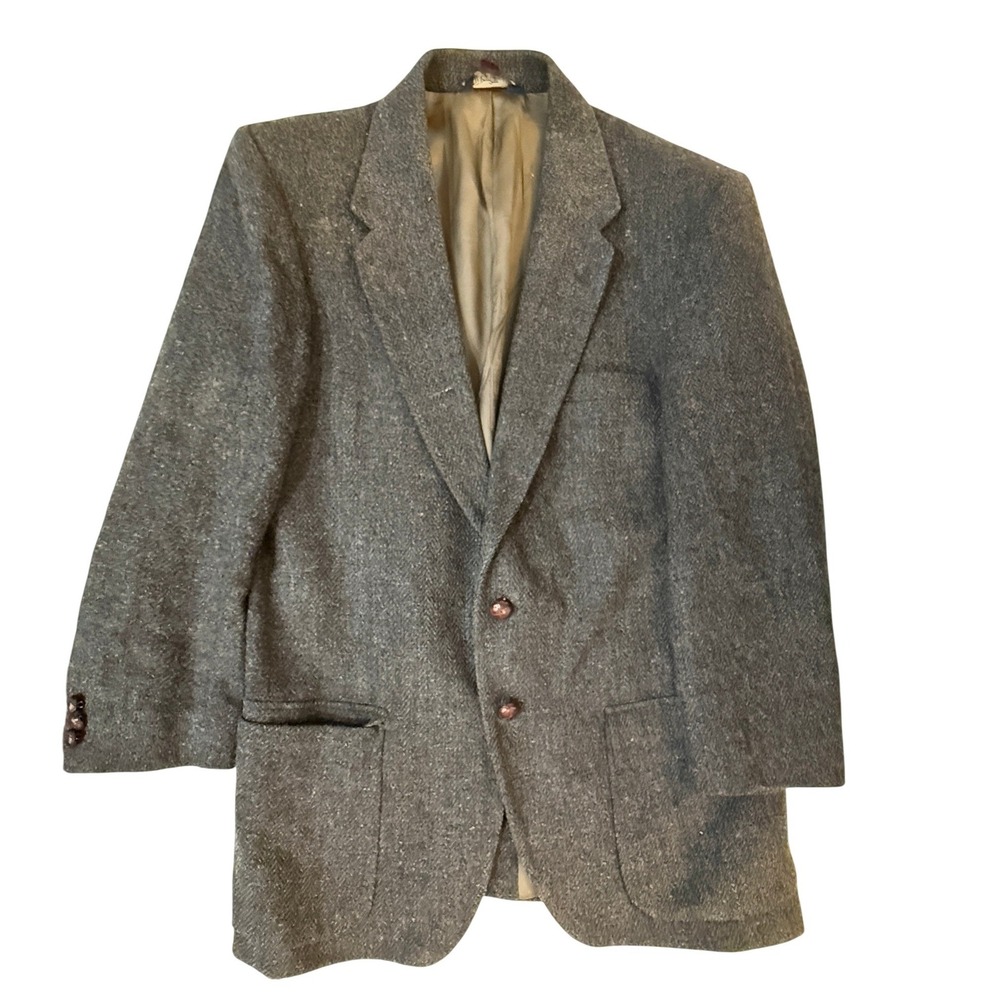 Vintage 90s Farah 100% Wool Herringbone Blazer Mens 42R Sport Coat Grey Academic